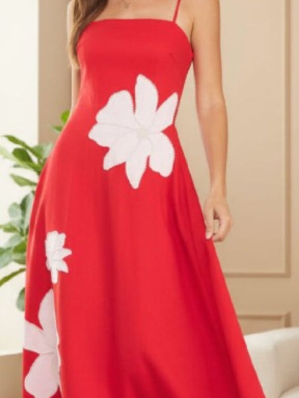 Red Spaghetti-Strap Maxi Dress with White Floral Appliqués